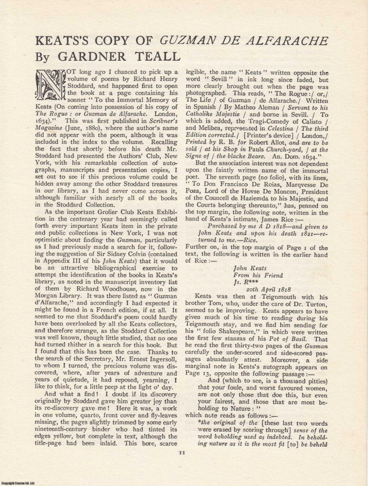 Item #363279 Keats’s Copy of Guzman de Alfarache: Provenance and Literary Interest. An article...