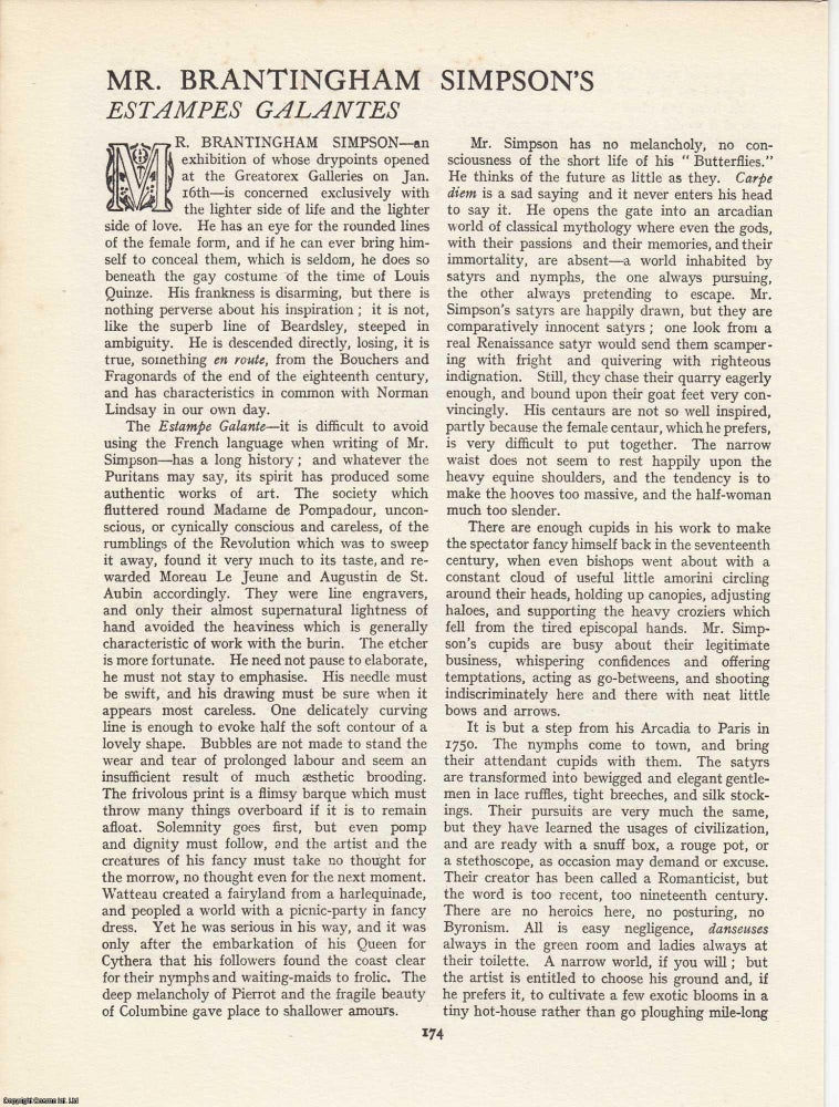 Item #363282 Mr Brantingham Simpson’s Estampes Galantes: Style, Subjects and Artistic Lineage....