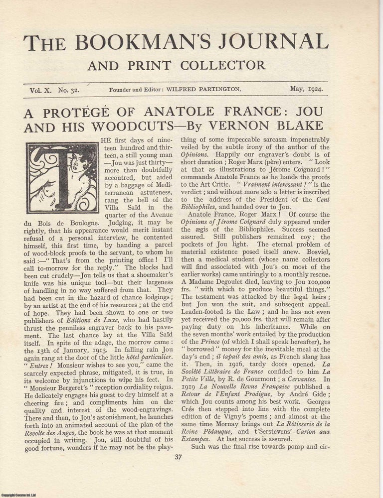 Item #363286 A Protege of Anatole France: Jou and His Woodcuts. An article printed in 1924,...