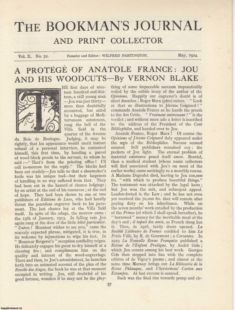 Item #363286 A Protege of Anatole France: Jou and His Woodcuts. An article printed in 1924,...