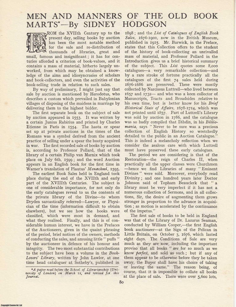 Item #363287 Men and Manners of the Old Book Marts: Characters, Customs and Trade Life. An...
