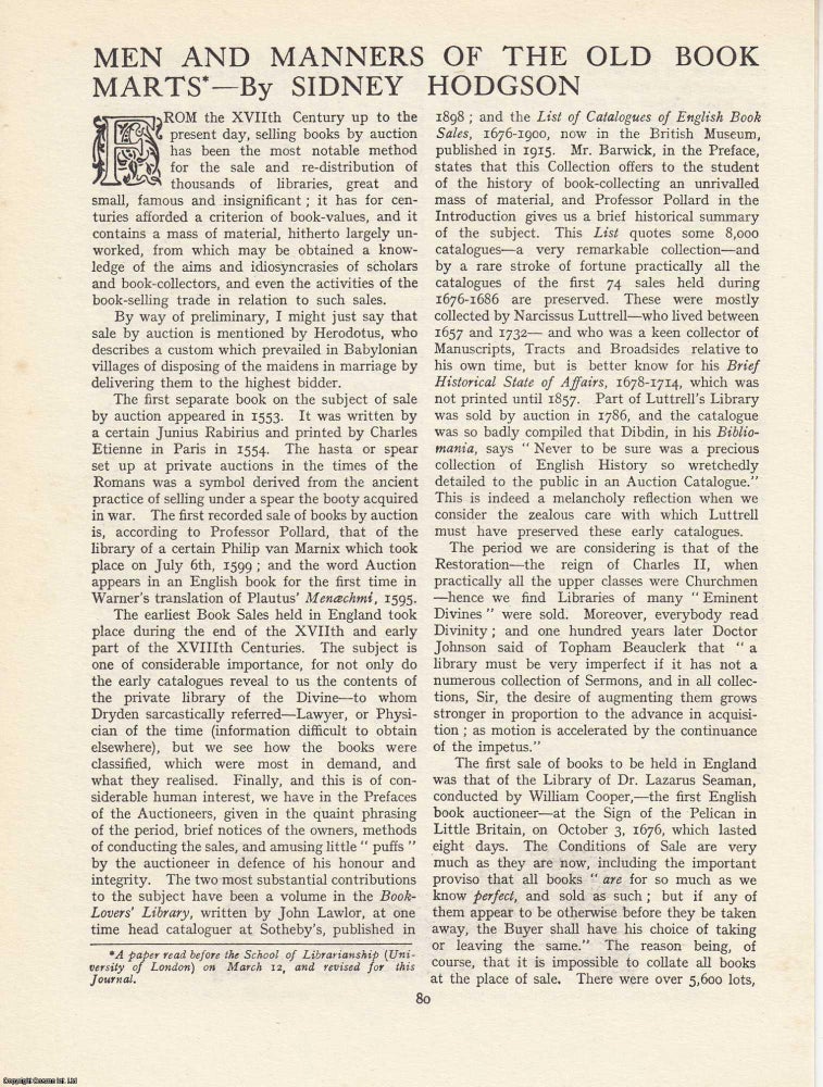 Item #363287 Men and Manners of the Old Book Marts: Characters, Customs and Trade Life. An...