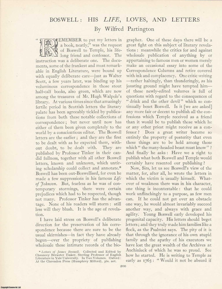 Item #363300 Boswell: His Life, Loves and Letters. An article printed in 1925, written by Wilfred...