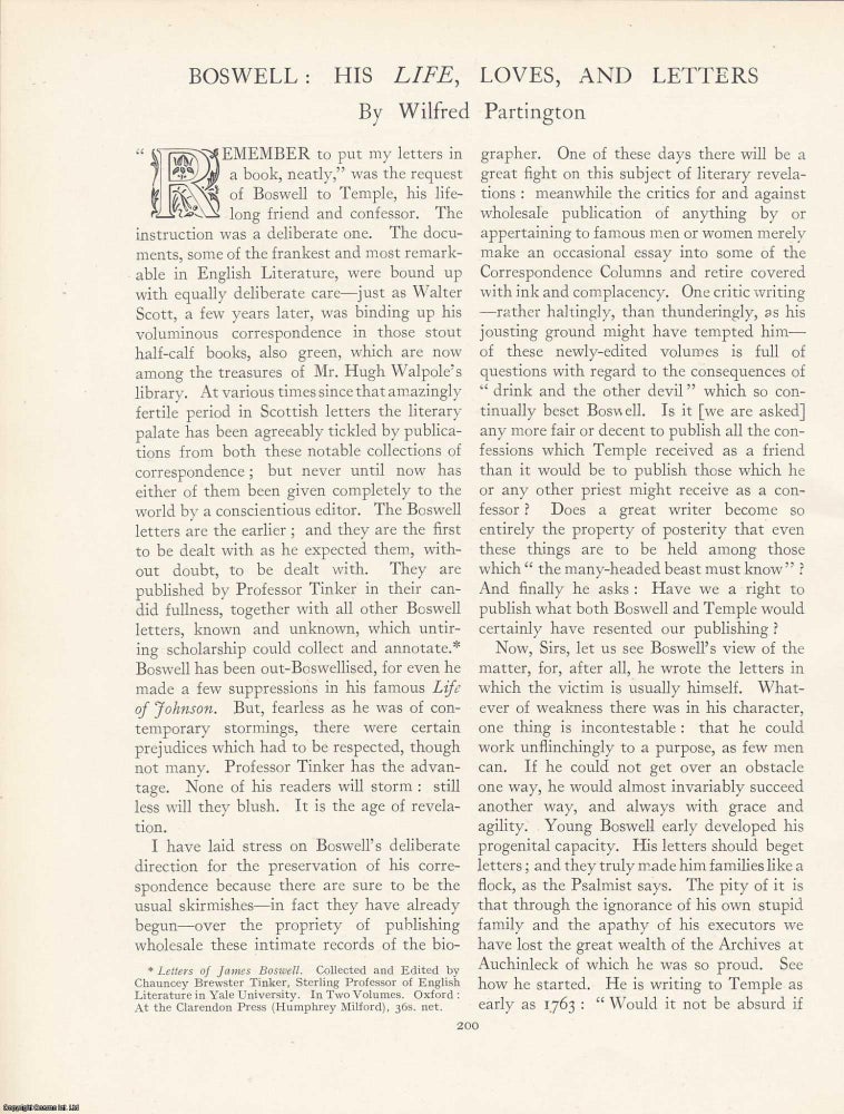 Item #363300 Boswell: His Life, Loves and Letters. An article printed in 1925, written by Wilfred...