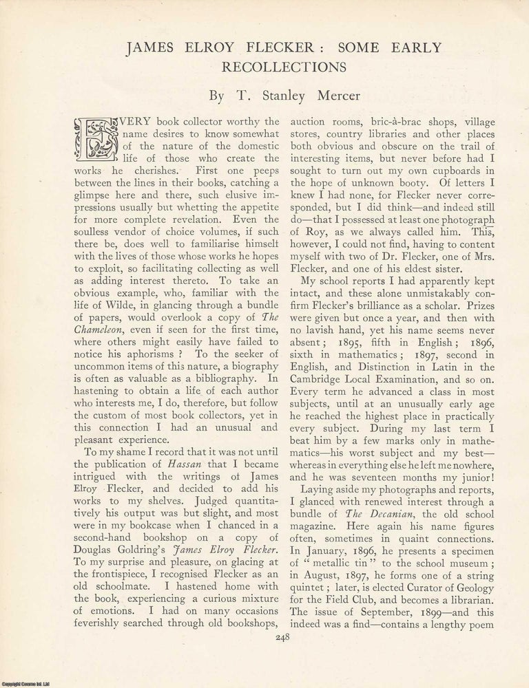 Item #363302 James Elroy Flecker: Some Early Recollections. An article printed in 1925, written...