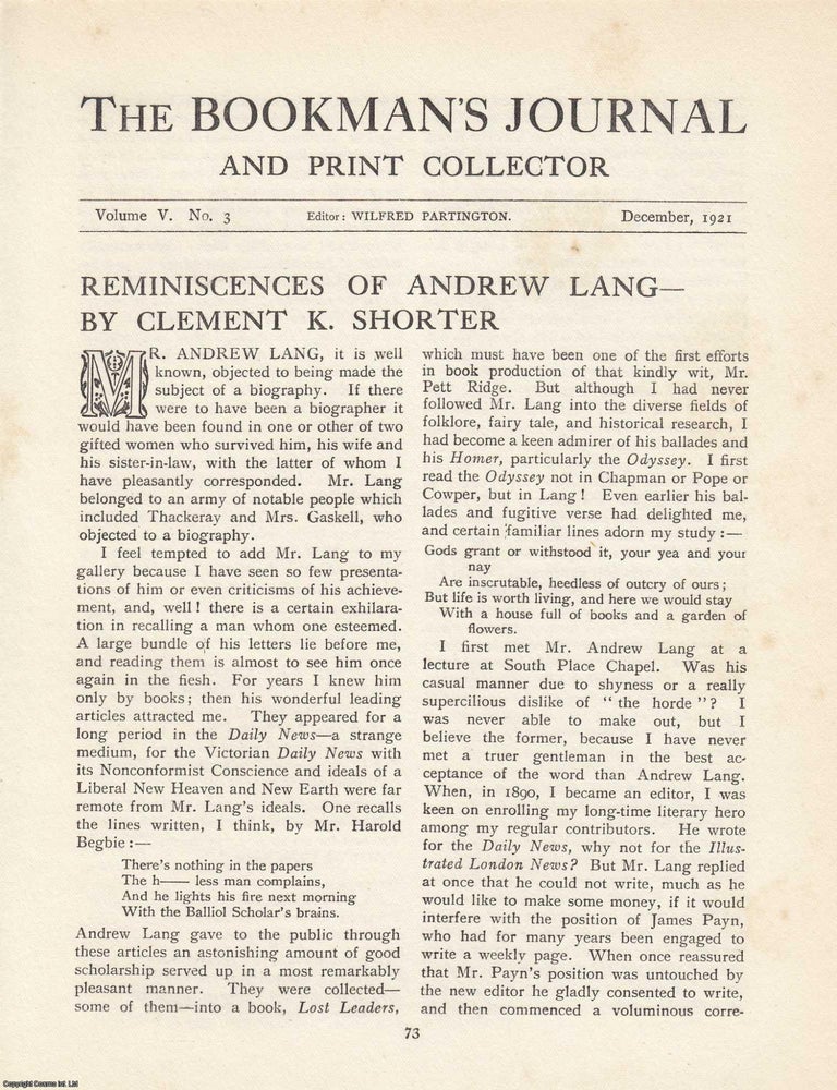 Item #363310 Reminiscences of Andrew Lang: Character, Scholarship and Personal Impressions. An...