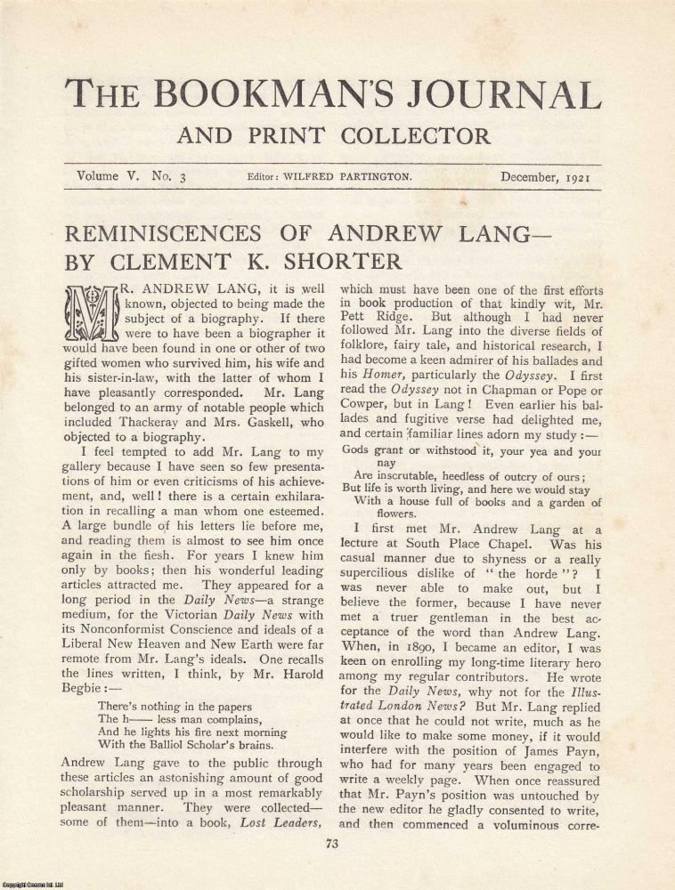 Item #363310 Reminiscences of Andrew Lang: Character, Scholarship and Personal Impressions. An...