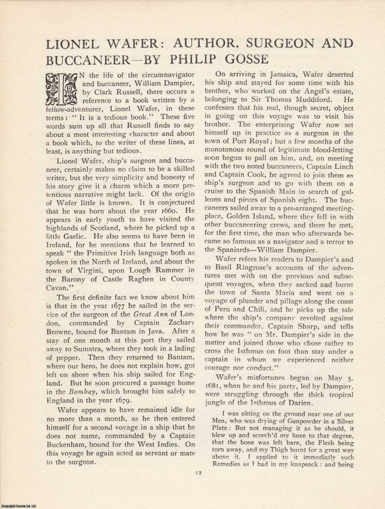 Item #363316 Lionel Wafer: Author, Surgeon and Buccaneer. An article printed in 1922, written by...