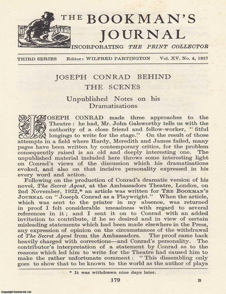 Item #363334 Joseph Conrad Behind the Scenes: Unpublished Notes on His Dramatisations. An article...