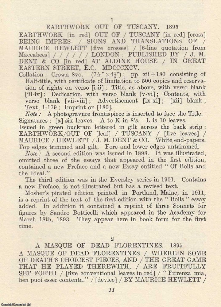 Item #363339 Maurice Henry Hewlett (1861–1923): A Bibliography of the First Editions. An...