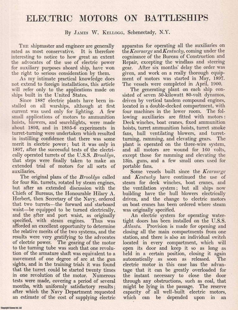 Item #363458 Electric Motors on Battleships. 9 pages, 4 plates. An article printed in 1901,...