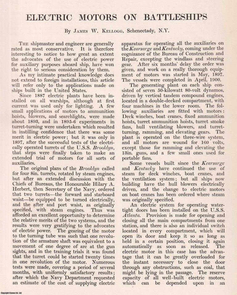 Item #363458 Electric Motors on Battleships. 9 pages, 4 plates. An article printed in 1901,...