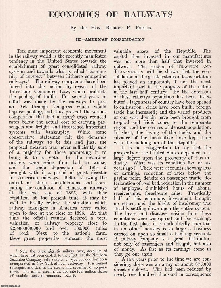 Item #363467 American Consolidation. Economics of Street Railways. 7 pages. An article printed in...