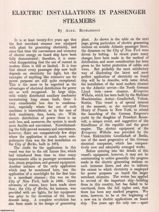 Electric Installations in Passenger Steamers. 10 pages, 2 plates, figures in text. An article printed in 1902, written by Alex. Richardson.
