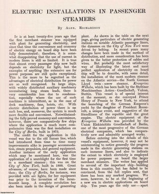Electric Installations in Passenger Steamers. 10 pages, 2 plates, figures in text. An article printed in 1902, written by Alex. Richardson.