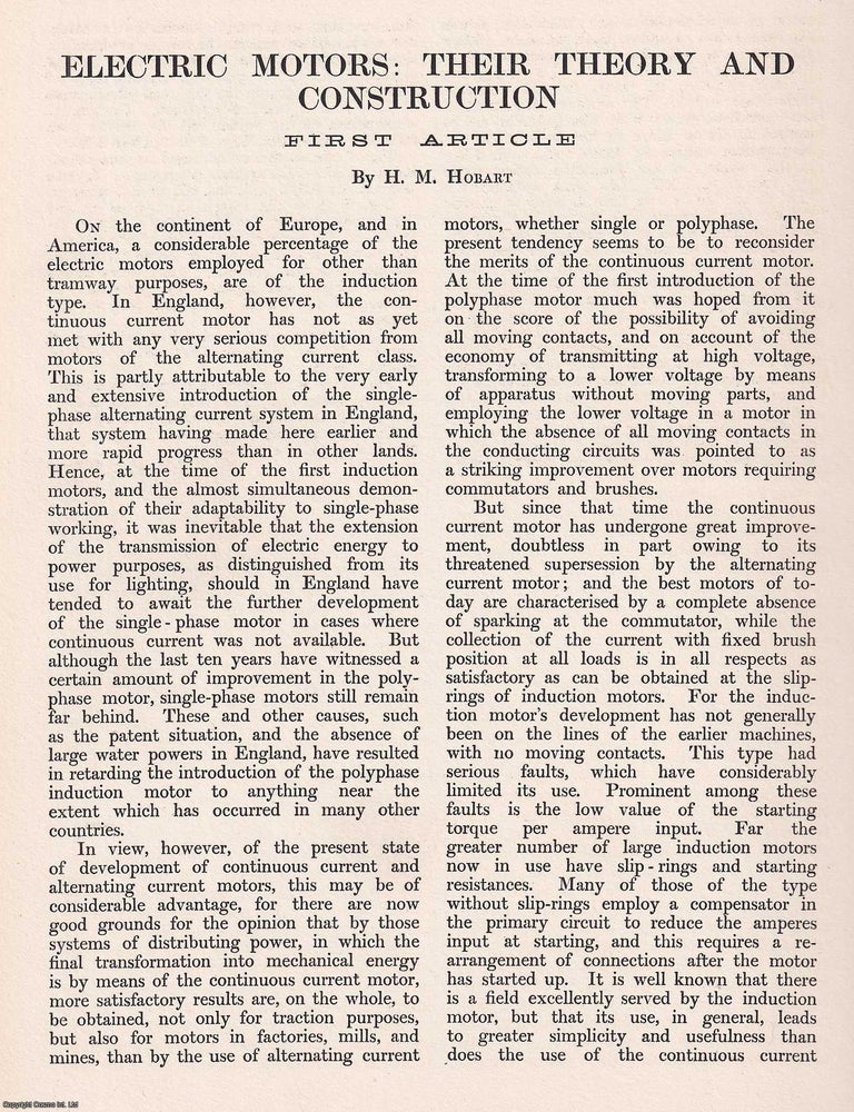 Item #363484 Electric Motors: Their Theory and Construction. 36 pages, figures in the text. An...