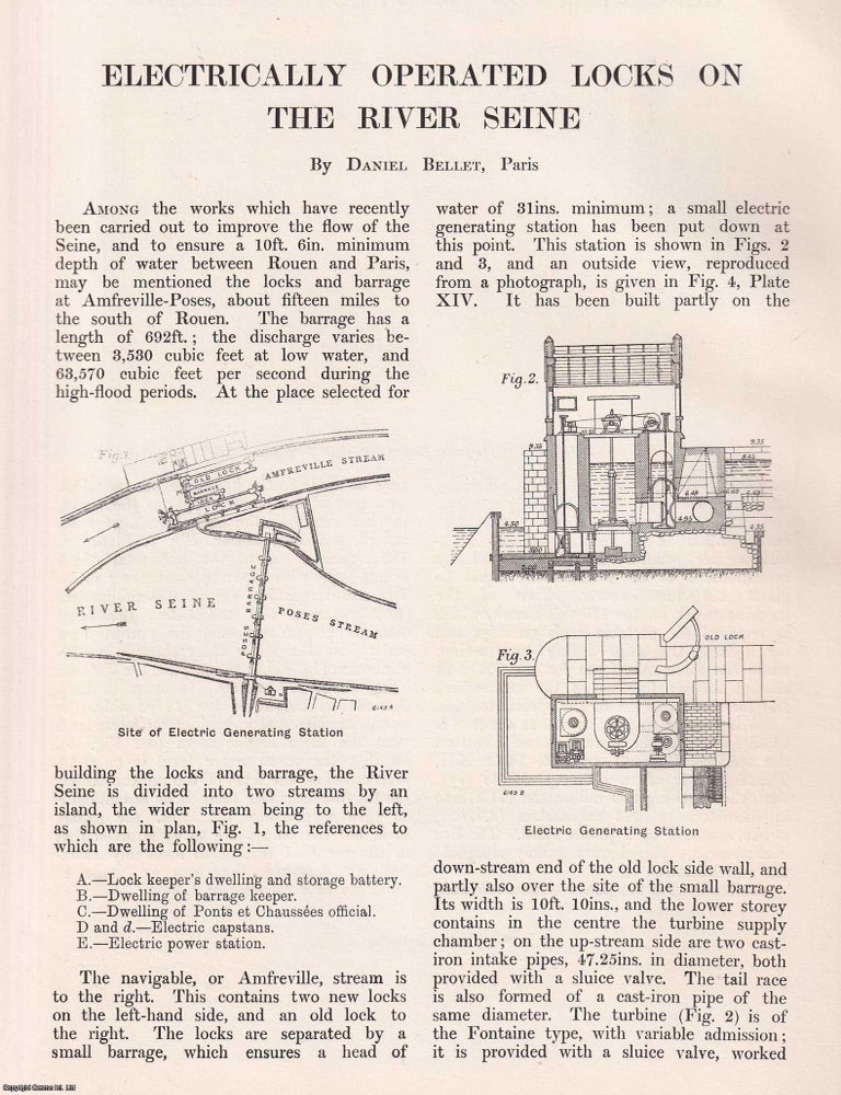 Item #363499 Electrically Operated Locks on the River Seine. 5 pages, 3 plates, figures in the...