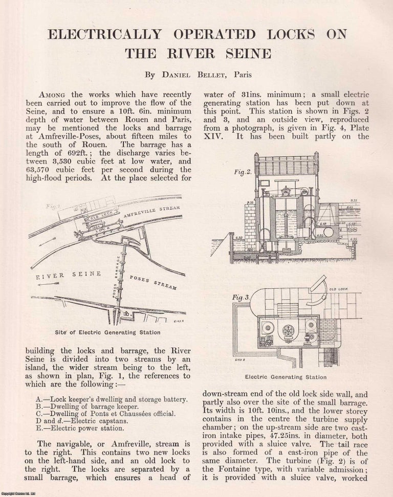 Item #363499 Electrically Operated Locks on the River Seine. 5 pages, 3 plates, figures in the...
