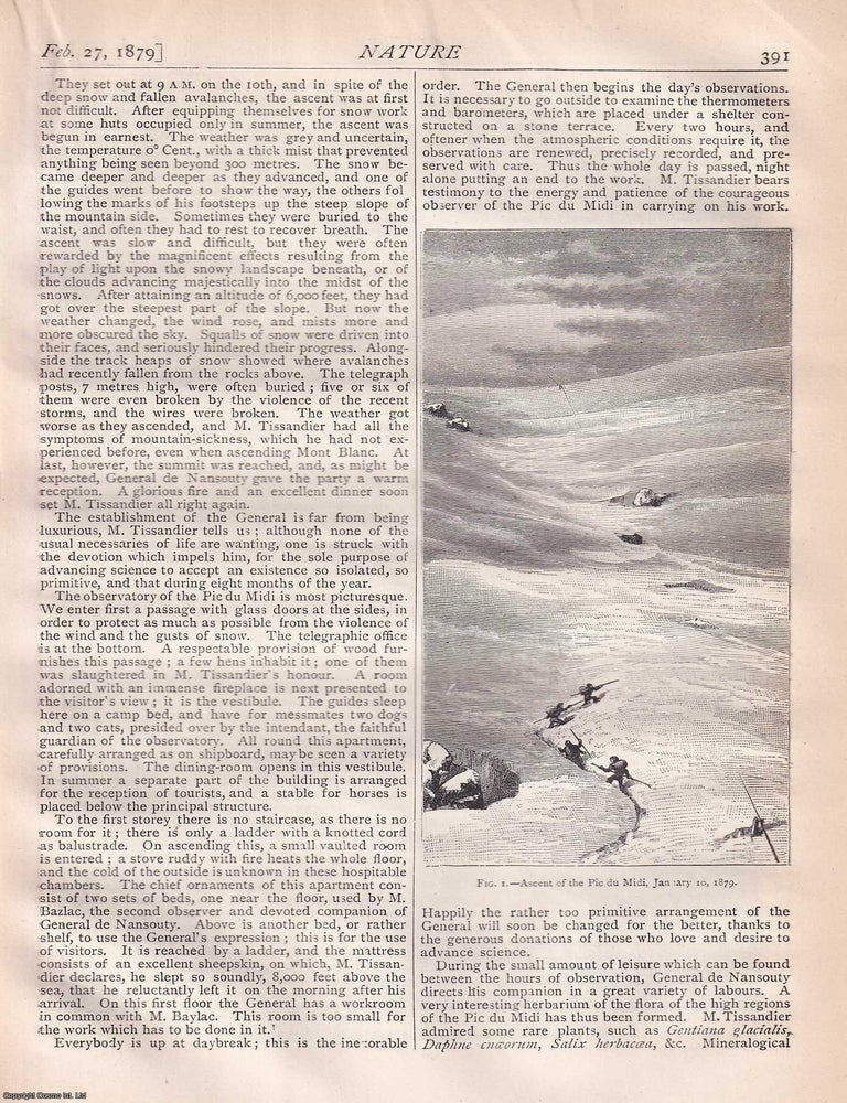 Item #363596 The Pic du Midi Observatory, pp390-394 in Nature, Volume 19, Number 487. Nature. A Weekly Journal of Science. Thursday, February 27, 1879. PIC DU MIDI DE BIGORRE.