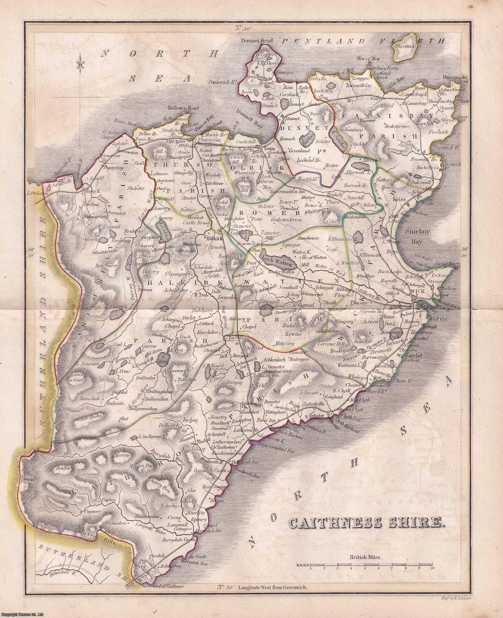 1845 Caithness. Outline Hand Coloured Map, Engraved by W.H. Lizars. 19 ...