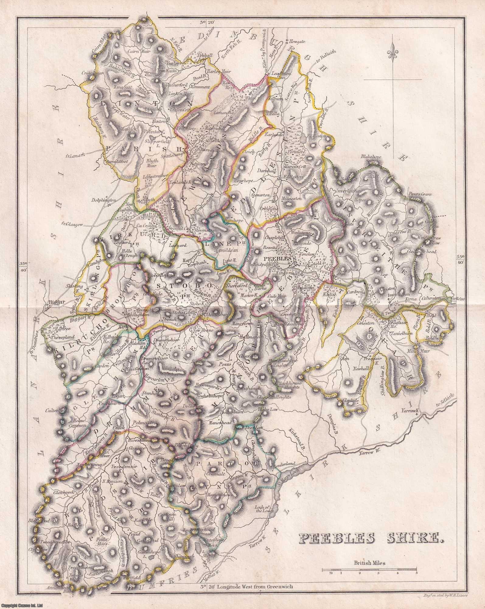 Postcode Map Peebles 1845 Peebles Shire. Outline Hand Coloured Map, Engraved by W.H. Lizars ...