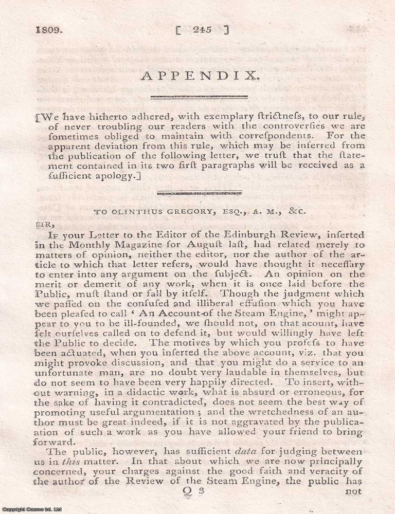 Item #363690 A critical letter regarding John Playfair's review of Olinthus Gregory's...