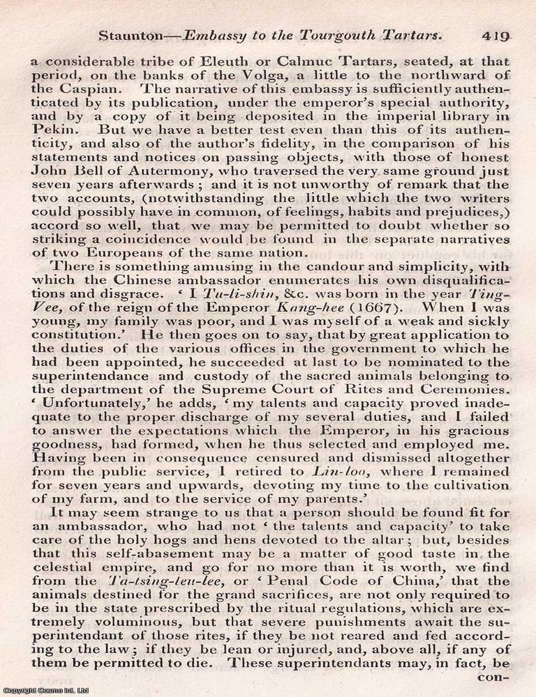 Item #363701 1821 : Narrative of The Chinese Embassy to The Khan of The Tourgouth Tartars in The Years 1712, 1713, 1714 and 1715; by the Chinese Ambassador. Translated from the Chinese by Sir George Thomas Staunton. Published by Quarterly Review, John Murray 1821. 13 pages. An article printed in 1821, written by John Barrow. 1712&ndash;1715: A. 1821 REVIEW THE CHINESE EMBASSY TO THE TORGOUTH TARTARS.