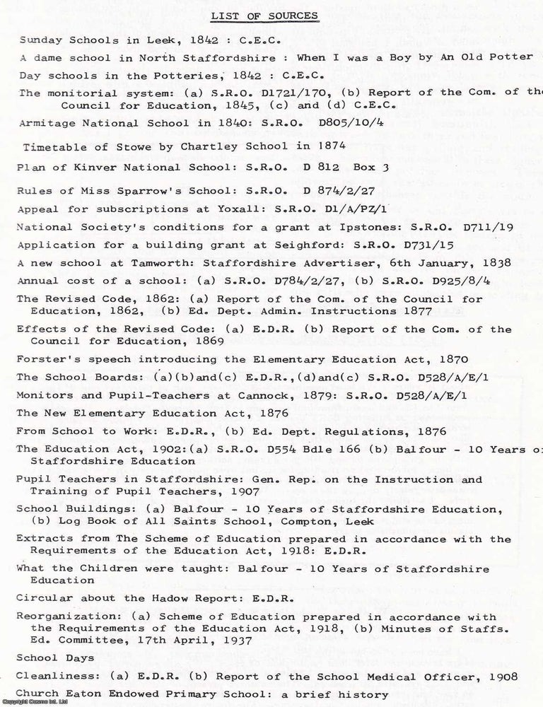 Item #364074 Elementary Education in Staffordshire. Source material from the early 19th century to 1947. Local History Source Book G7. Published by Staffordshire County Council 1970. R A. Lewis.