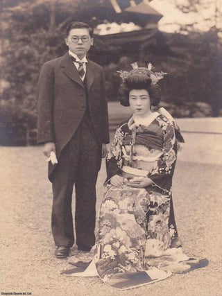 Japanese Traditional Weddings, Real Photographs; 7 in traditional Kimono costume, and 2 Western style dress. A collection of 9 couple photographs, all mounted in individual folders, with tissue guards: Meiji Kinenkan Photography Department Song Jie; Nobuyuki Nakai Wedding Yujuriki Photo Garo 4, Bibai City; Tokyo Yotsuya Station National Electric Railway Shufu Kaikan Photo; Tsuchiura Keisei Hotel; Saito Photo Studio Takai; Shinjuku Station Building Photography Rainbow Hall; Meiji Kinenkan; Y. Miyauchi, Tokyo; Kanagawa Prefectural Labor Hall Photo Department Nozawa Photo Gallery.