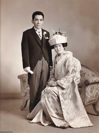 Japanese Traditional Weddings, Real Photographs; 7 in traditional Kimono costume, and 2 Western style dress. A collection of 9 couple photographs, all mounted in individual folders, with tissue guards: Meiji Kinenkan Photography Department Song Jie; Nobuyuki Nakai Wedding Yujuriki Photo Garo 4, Bibai City; Tokyo Yotsuya Station National Electric Railway Shufu Kaikan Photo; Tsuchiura Keisei Hotel; Saito Photo Studio Takai; Shinjuku Station Building Photography Rainbow Hall; Meiji Kinenkan; Y. Miyauchi, Tokyo; Kanagawa Prefectural Labor Hall Photo Department Nozawa Photo Gallery.
