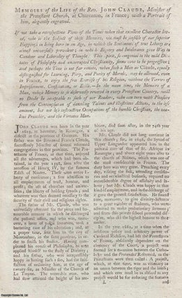 Life of Rev. John Claude, Minister of the Protestant Church, at Charenton, in France. An original engraving, accompanied by text. 1784.
