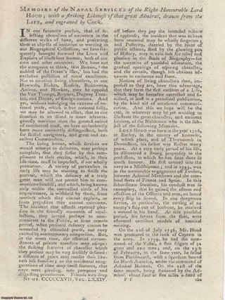 Lord Hood. Memoirs of the Naval Services of the great Admiral. A 1784 engraving and original article from The Universal Magazine.