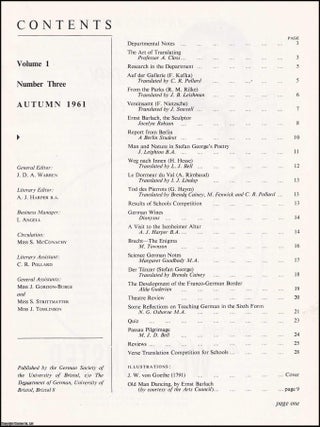Germania. Volume 1, Number 3. Autumn 1961. See picture for details of the contents. Published by Bristol University 1961.