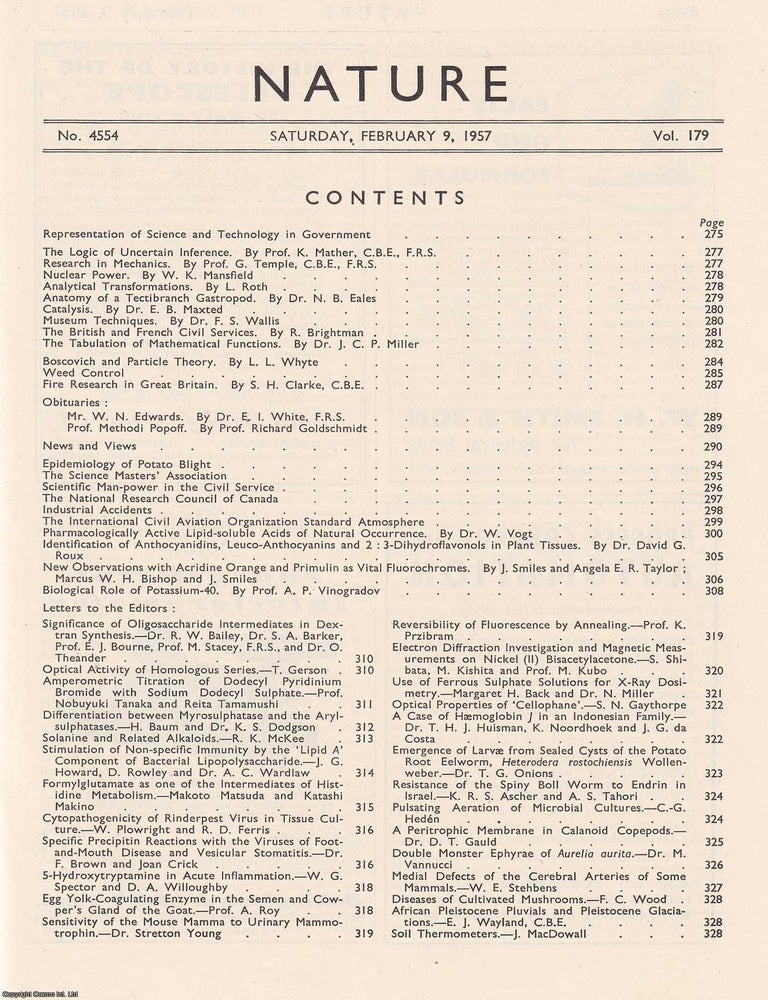 Item #364498 Nature, Volume 179, Number 4554. Nature, A Weekly Journal of Science. Saturday, February 9th, 1957. NATURE.