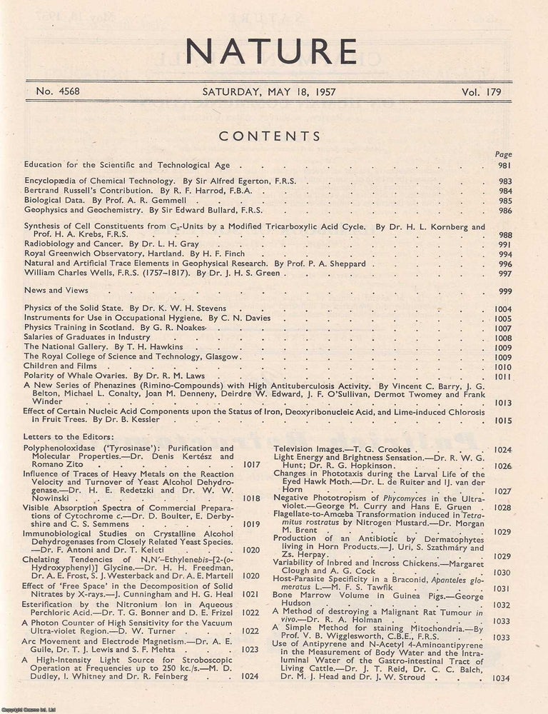 Item #364512 Nature, Volume 179, Number 4568. Nature, A Weekly Journal of Science. Saturday, May 18th, 1957. NATURE.