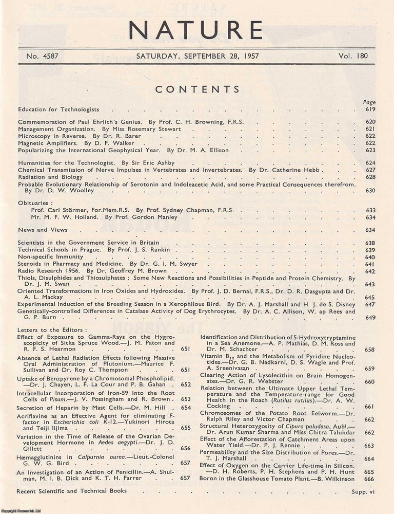 Item #364531 Nature, Volume 180, Number 4587. Nature, A Weekly Journal of Science. Saturday, September 28th, 1957. NATURE.