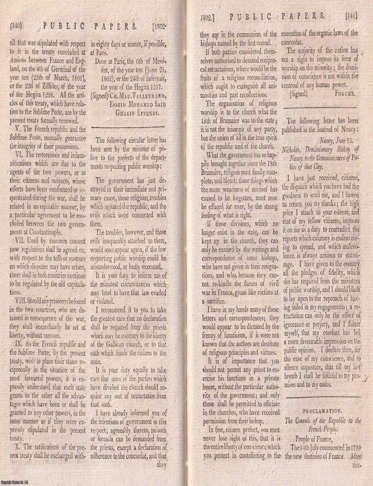 Item #365008 The French Revolutionary Wars, 1802. A collection of contemporary reports, dated 1802, from The Annual Register. FRANCE.