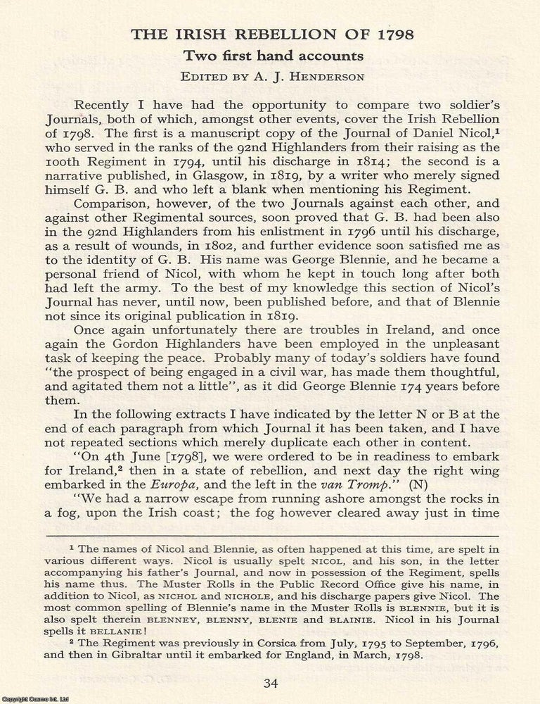 Item #365026 The Irish Rebellion of 1798; Two First Hand Accounts. An original article from the Journal of the Society for Army Historical Research, 1974. A J. Henderson.