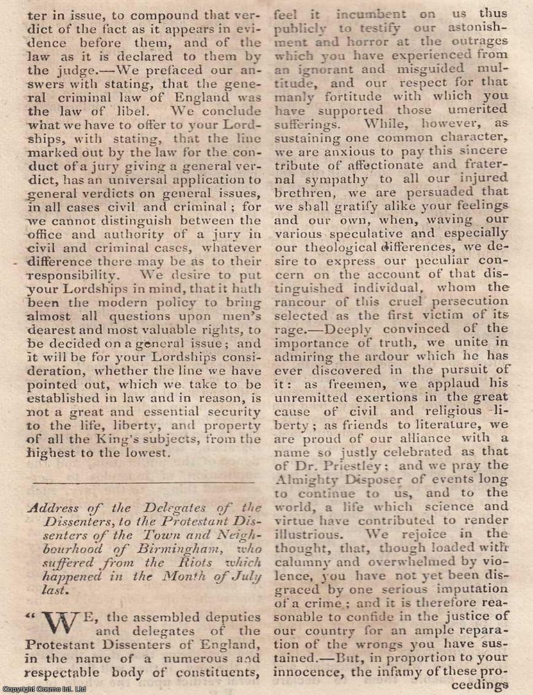Item #365038 Pieces on Joseph Priestley, the Birmingham Riots, the London Corresponding Society, and the French National Convention from the Annual Register for 1791 and 1792. THE BIRMINGHAM RIOTS PRIESTLEY, AND REFORM DEBATES.