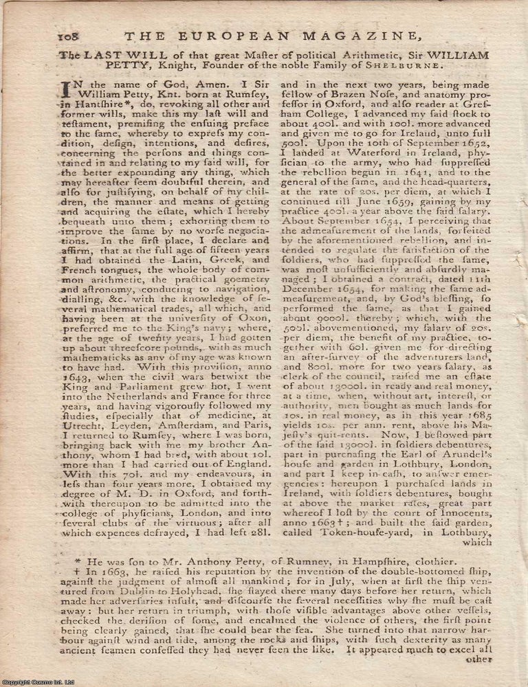 Item #365059 The last will of Sir William Petty, founder of the Shelburne family, from the...