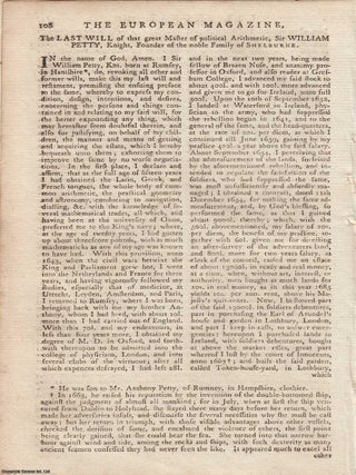 The last will of Sir William Petty, founder of the Shelburne family, from the European Magazine, THE LAST WILL OF SIR.