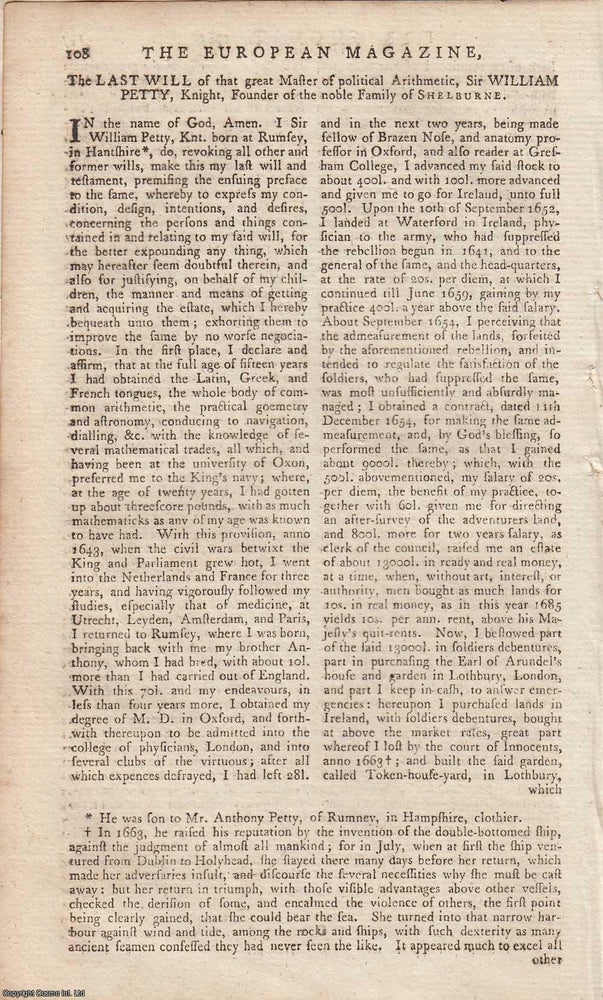 Item #365059 The last will of Sir William Petty, founder of the Shelburne family, from the...