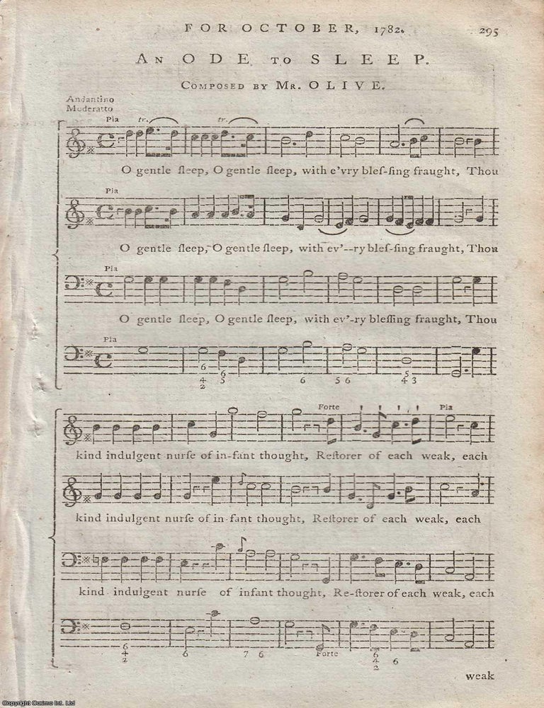 Item #365064 An Ode to Sleep, music and words composed by Mr Olive, published in 1782. AN ODE TO SLEEP, MR OLIVE.