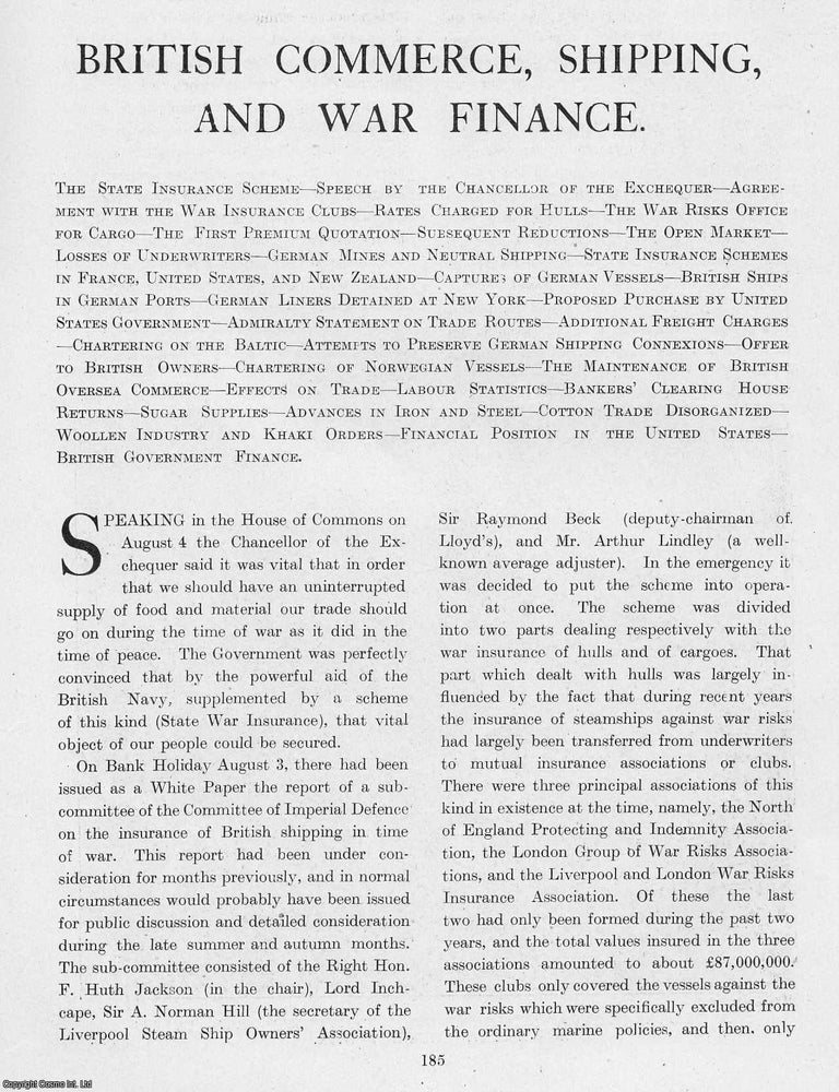 Item #365177 World War 1 : British Commerce, Shipping, and War Finance ; German Finance. An...