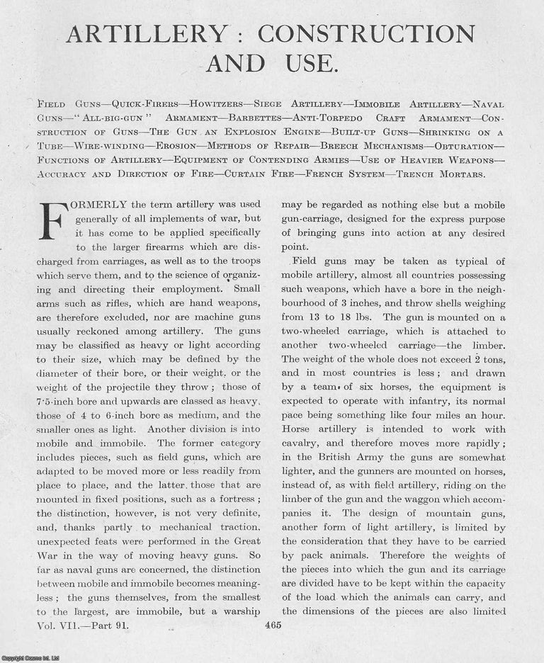Item #365284 World War 1 : Artillery : Construction and Use. An uncommon original article from...