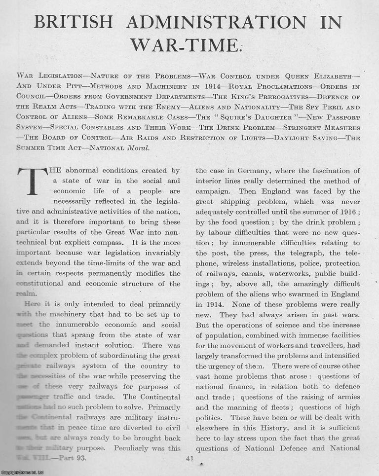 Item #365286 World War 1 : British Administration in War Time. An uncommon original article from...
