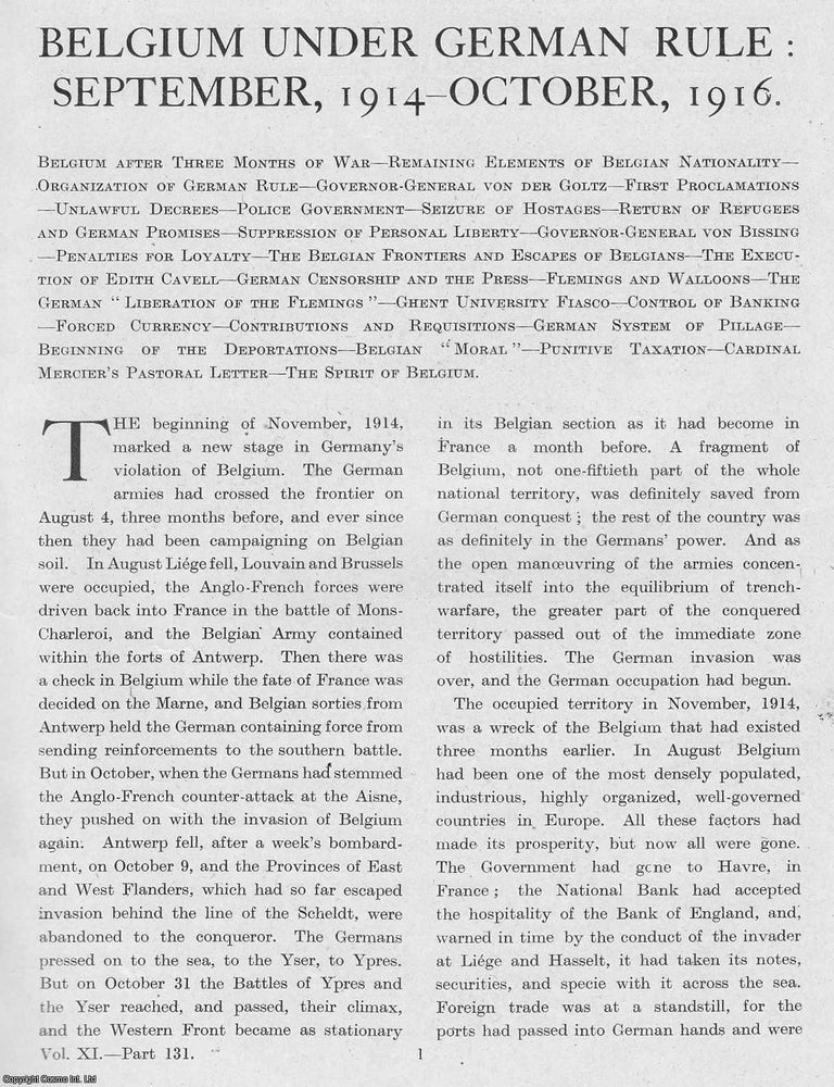 Item #365328 World War 1 : Belgium Under German Rule : September, 1914 to October, 1916. An...