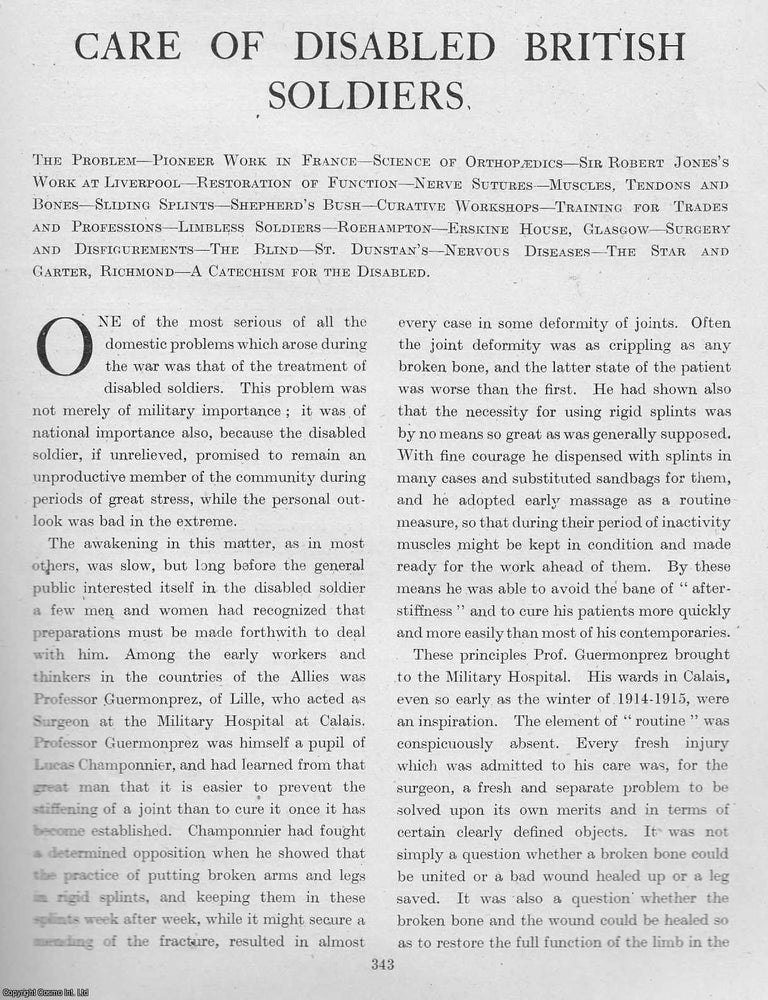 Item #365365 World War 1 : Care of Disabled British Soldiers. An uncommon original article from...