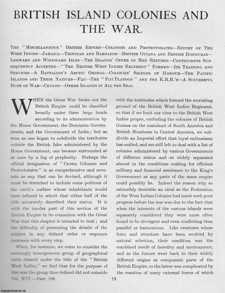 Item #365398 World War 1 : British Island Colonies and the War. An uncommon original article from...