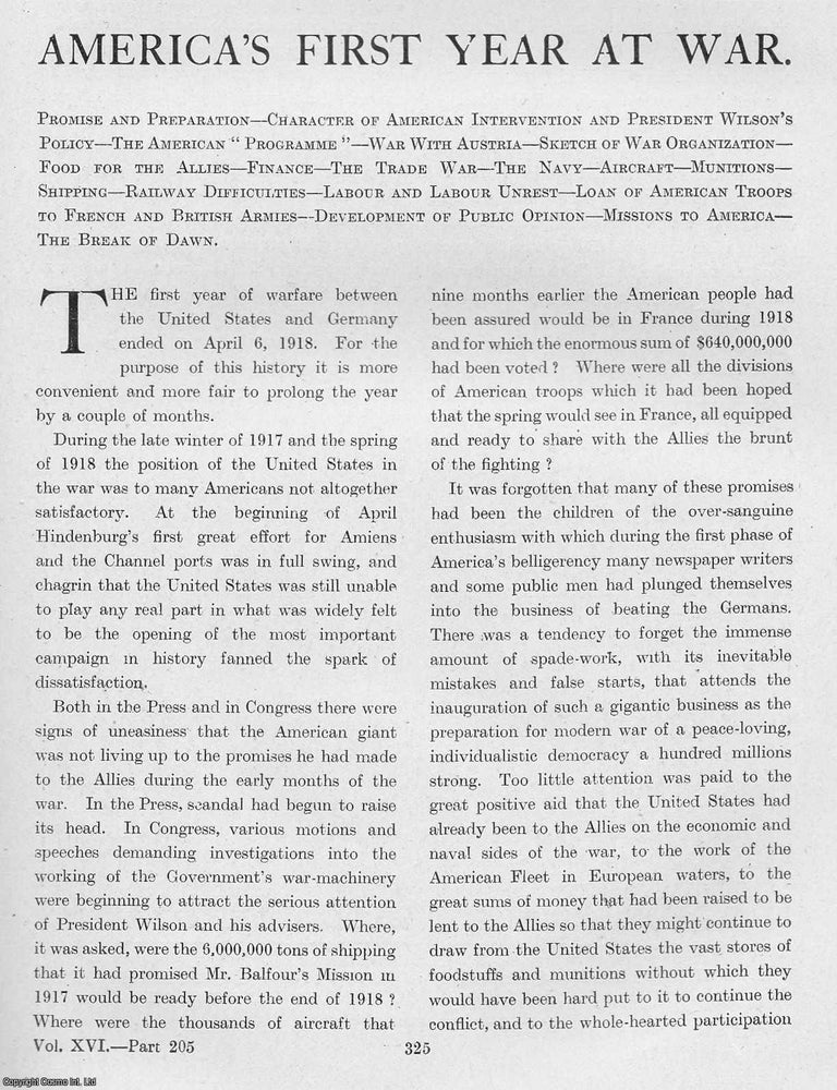 Item #365405 World War 1 : America's First Year at War. An uncommon original article from...